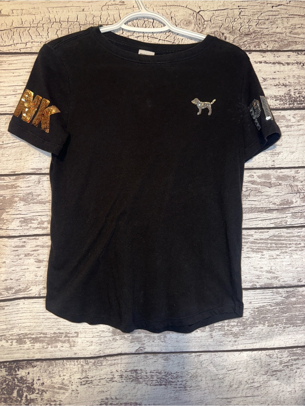 PINK VS Black Graphic Tee XS Sequin Dog Logo Shirt